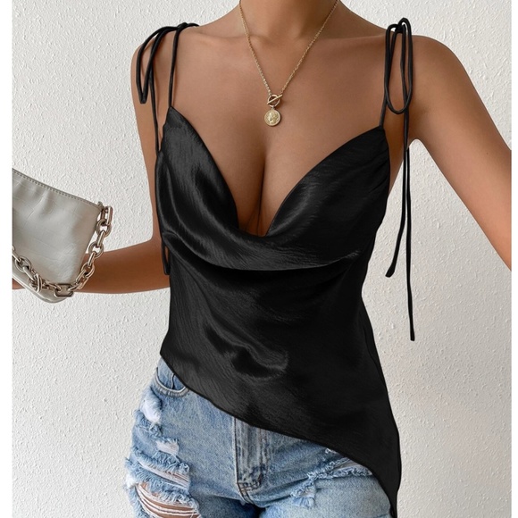 Rouge! Tops - Black Glamorous Cowl Neck Ties Straps Camisole Top Satin